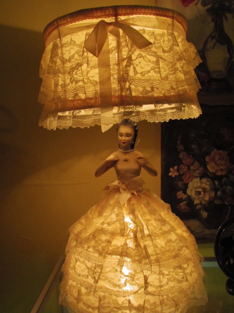1950's Chalk-ware Lady Lamp with original lamp shade and skirt.