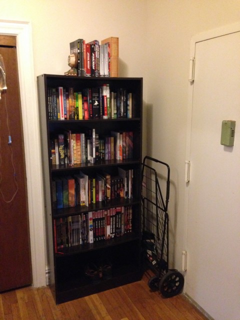 Bookcase repositioned to foyer. Bottom shelf is used for shoes. Grocery cart folded and handy for quick use.