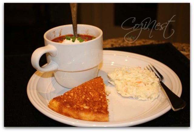 Bowl of Chili with Cornbread and Slaw
